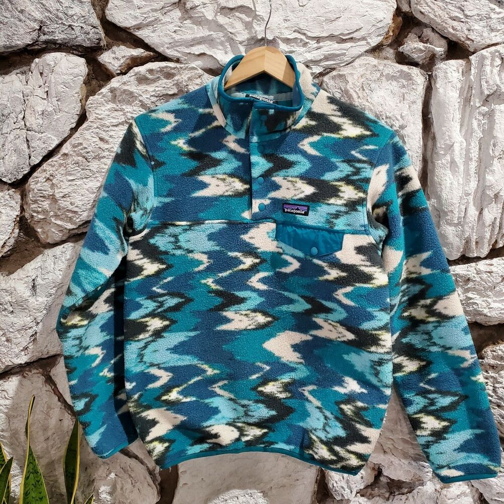 Patagonia Synchilla Fleece Trout Tales Elwha Blue Snaps Sweater Women's XXS